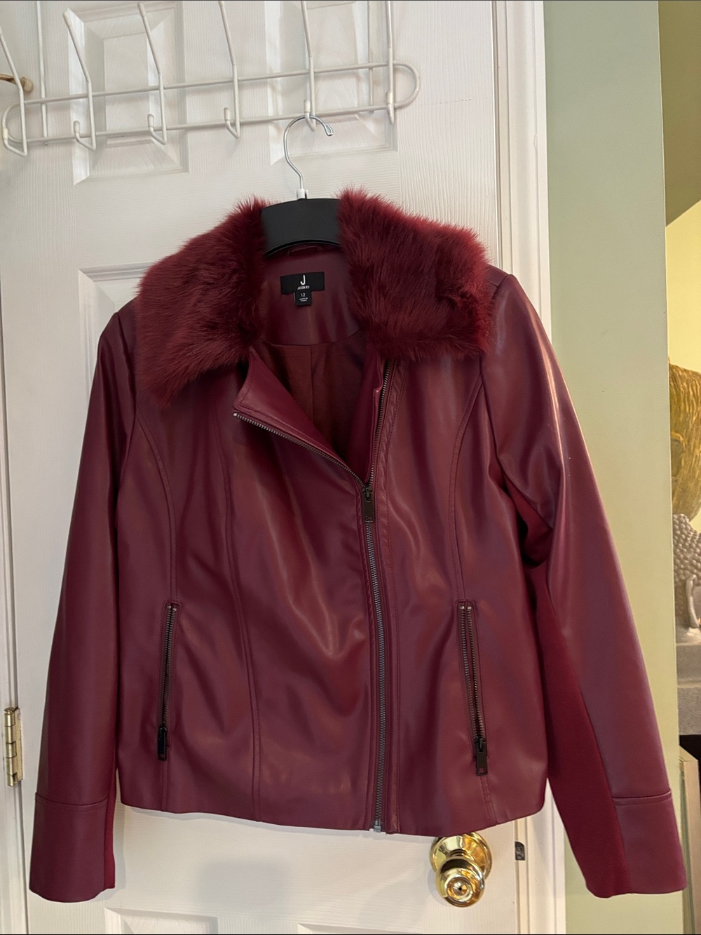 Women's Faux Leather Wine Jacket with Faux Fur Collar